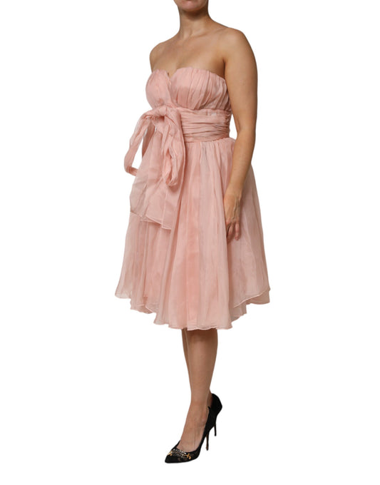 Pink silk chiffon midi dress with pleats and ruffles