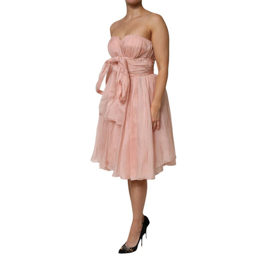 Pink silk chiffon midi dress with pleats and belt