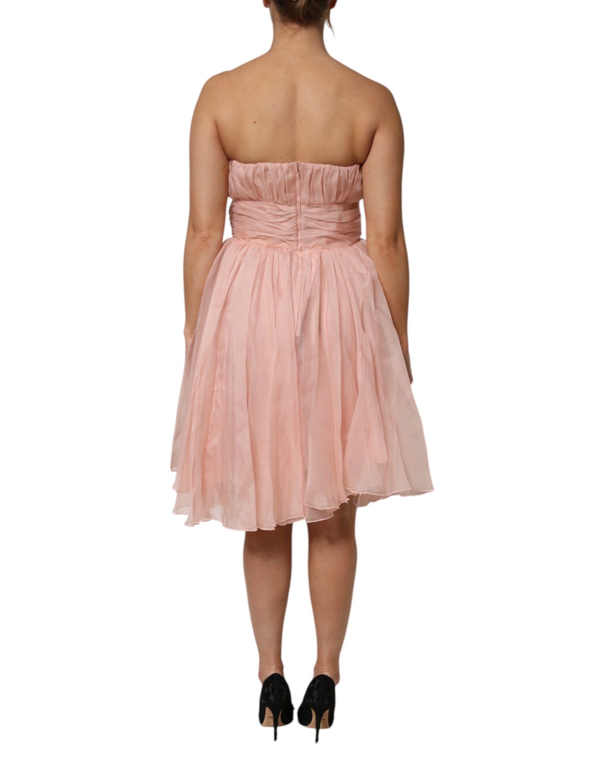 Pink silk chiffon midi dress with pleats and ruched detailing