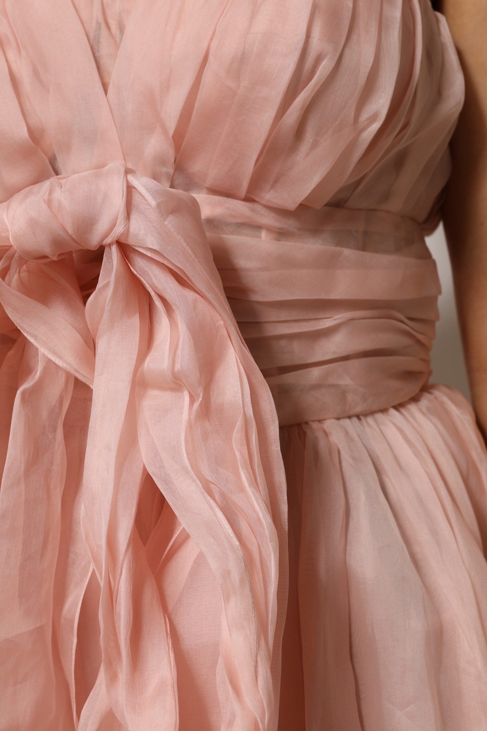 Pink silk chiffon dress with pleats and ruffles