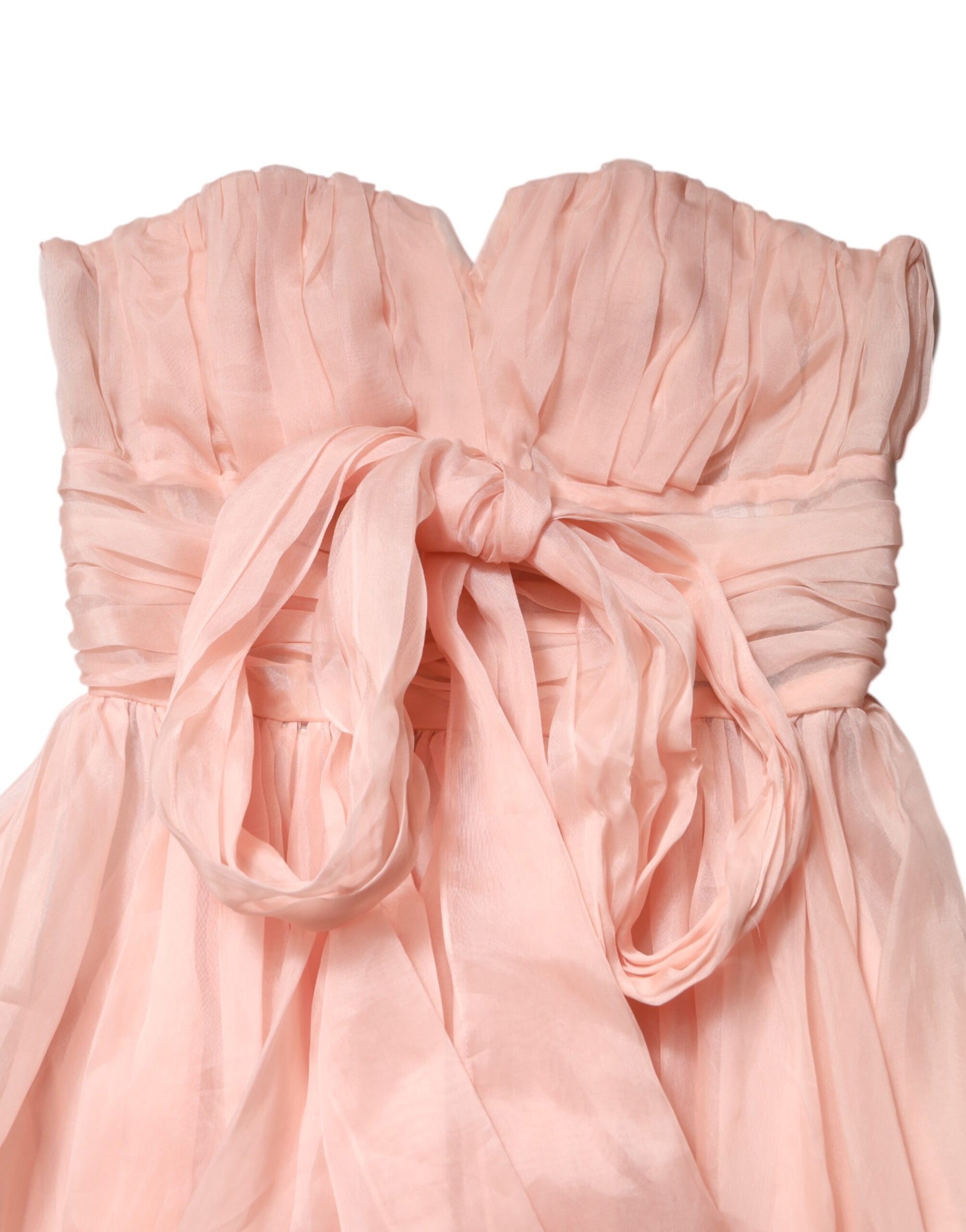Pink silk chiffon dress with pleats and bow detail
