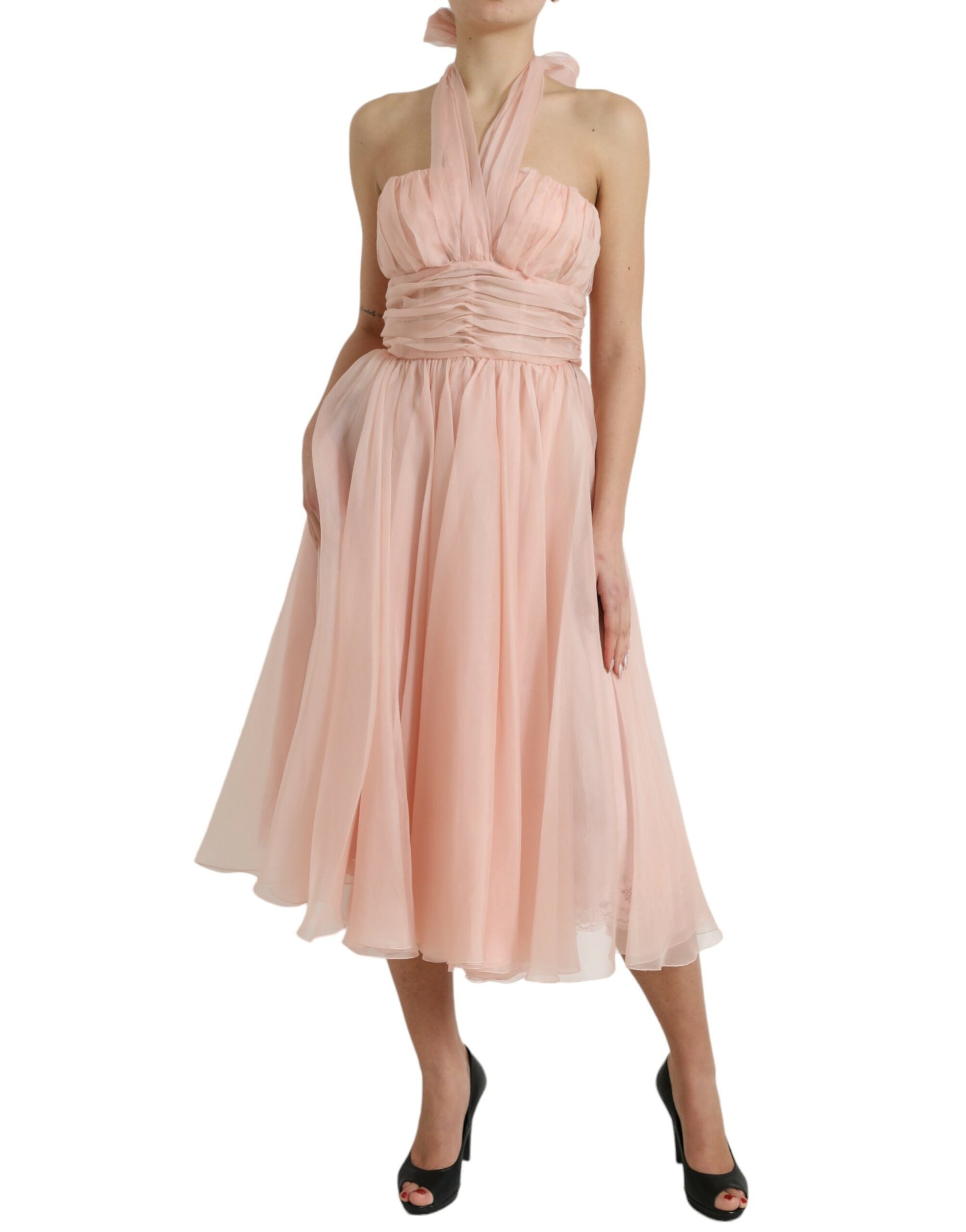 Pink silk chiffon halter dress with pleats