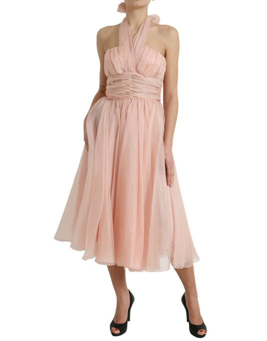 Pink silk chiffon halter dress with pleats