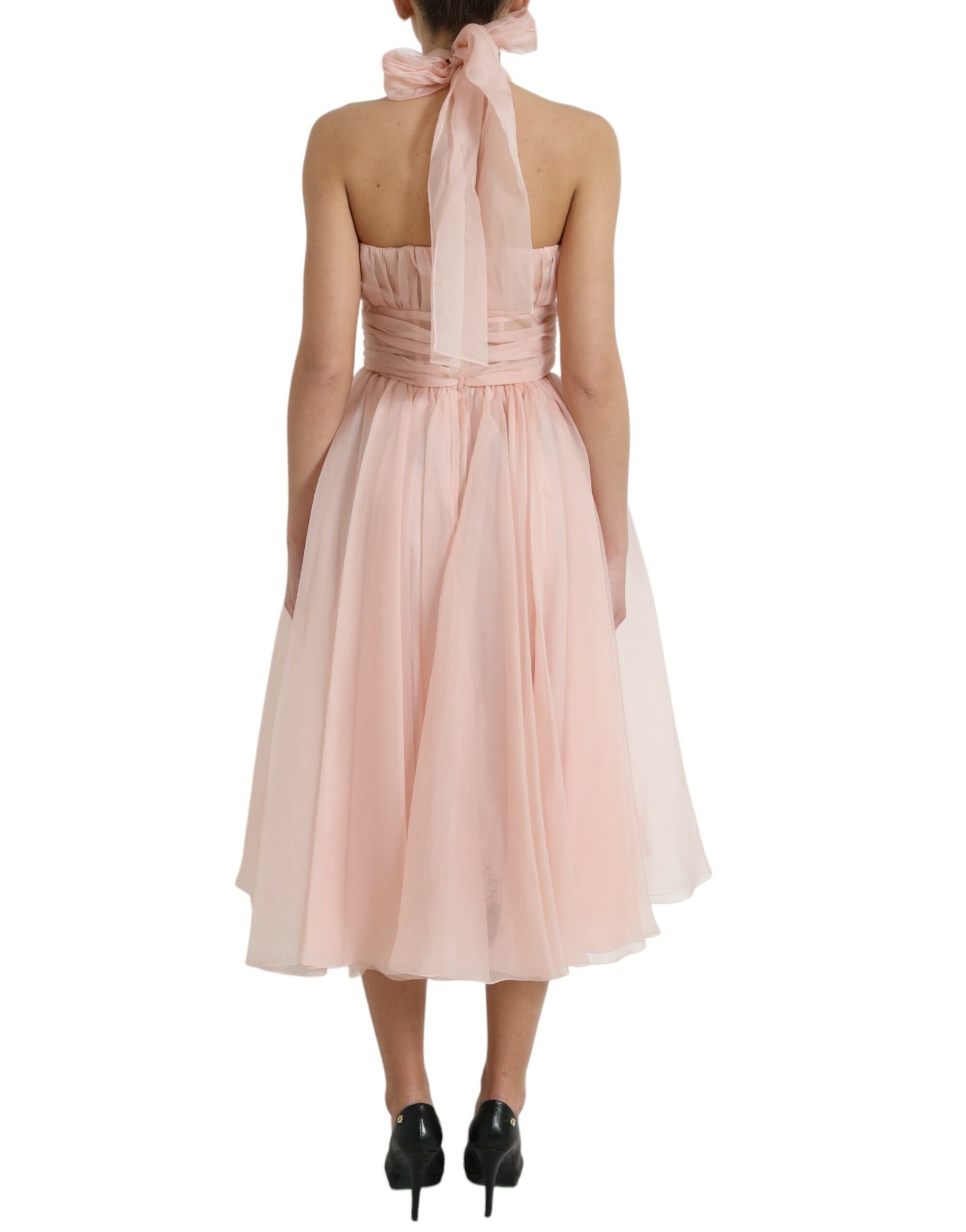 Pink silk chiffon halter dress with pleats and midi length