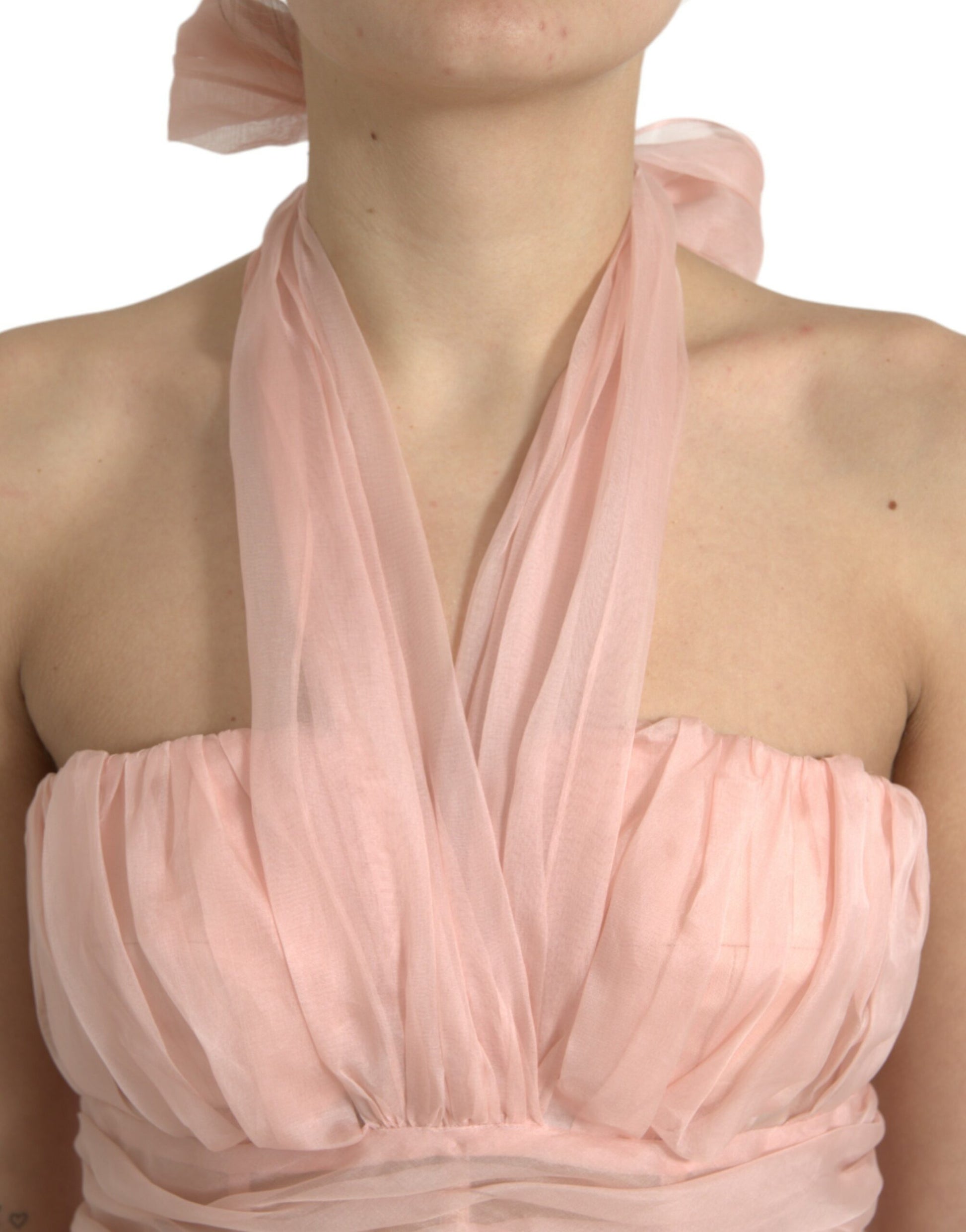 Pink silk chiffon halter dress with pleats