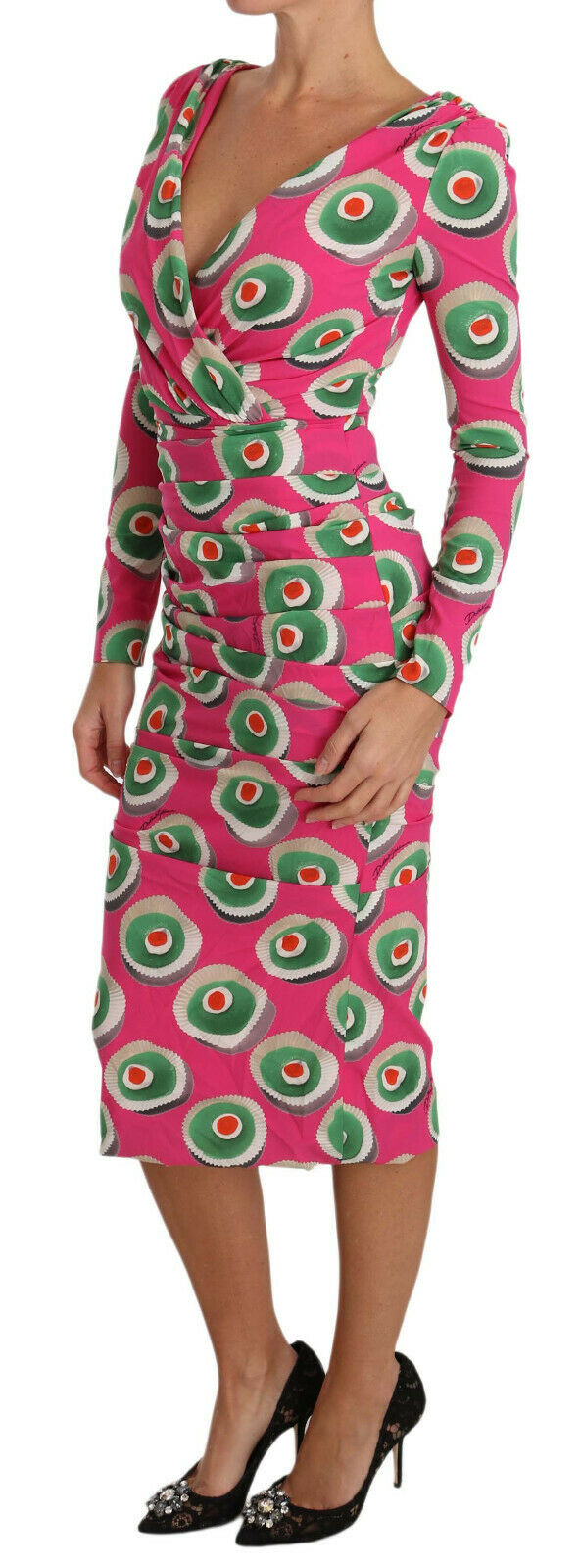 A pink silk dress with a cupcake print and stretchy material