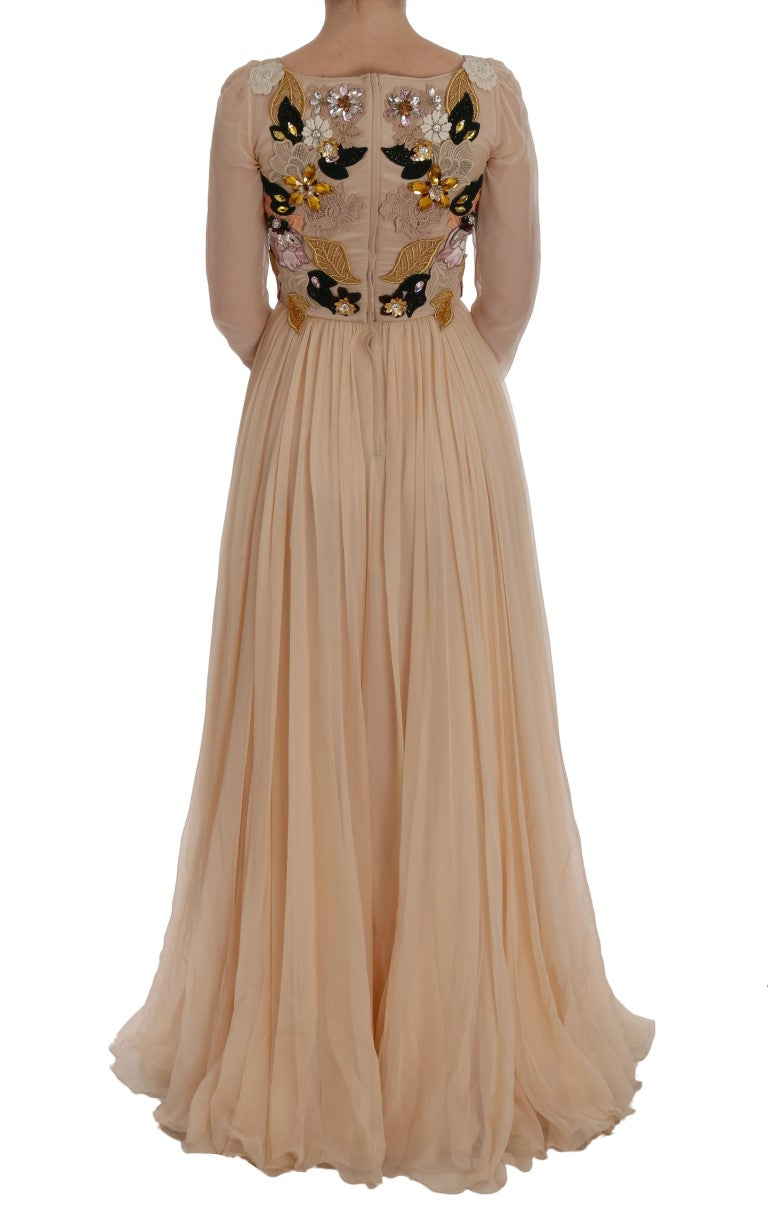Long beige bridal dress with ruffles and embroidery on back