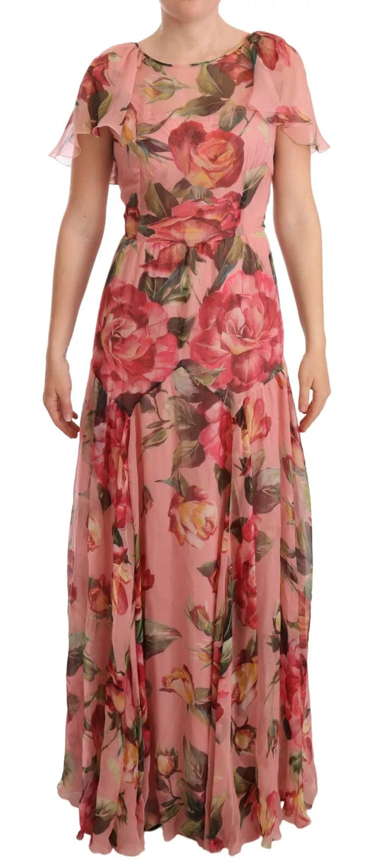 A pink floral print maxi dress with layered skirt and sleeves