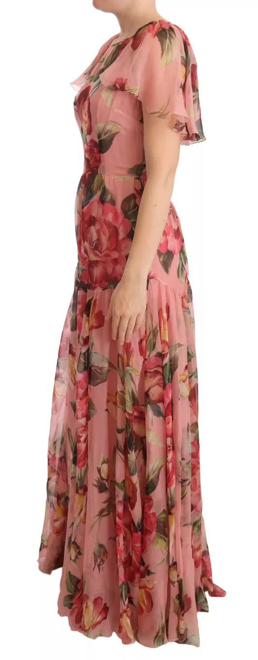 A long pink floral print dress with layered skirt and sleeves