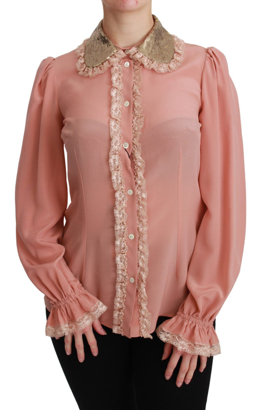 Pink blouse with lace trim on sleeves