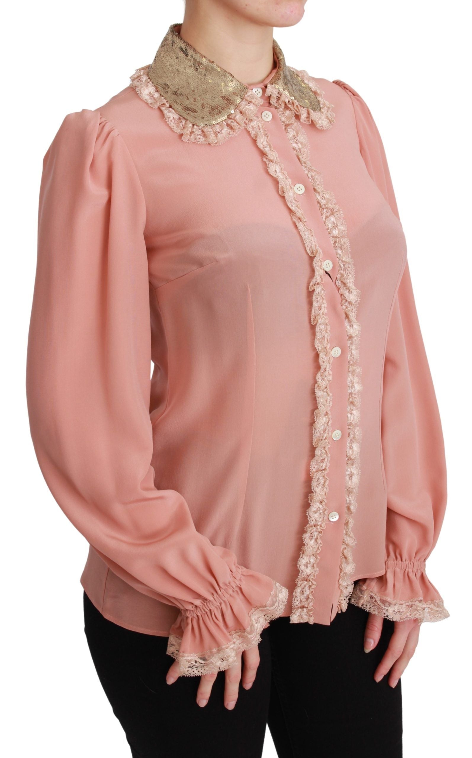Pink blouse with lace trim on sleeves