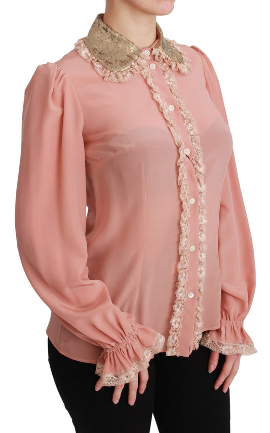Pink blouse with lace trim on sleeves