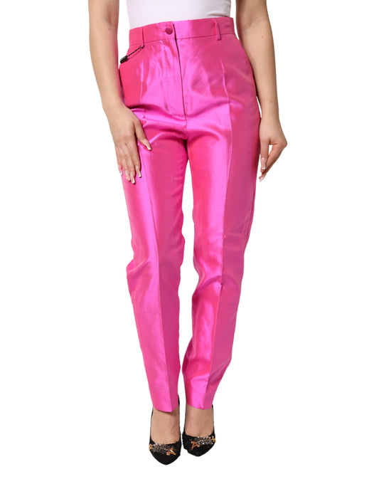 Pair of high waist pink silk trousers with a shiny finish