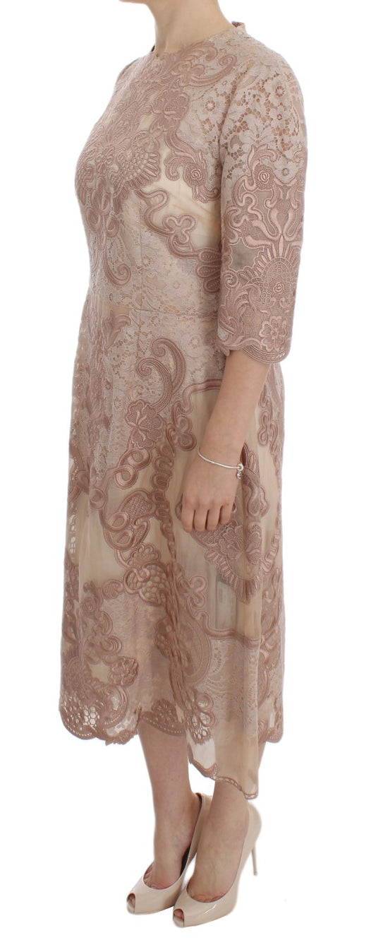 A long pink silk lace ricamo shift gown dress with a high neckline and short sleeves