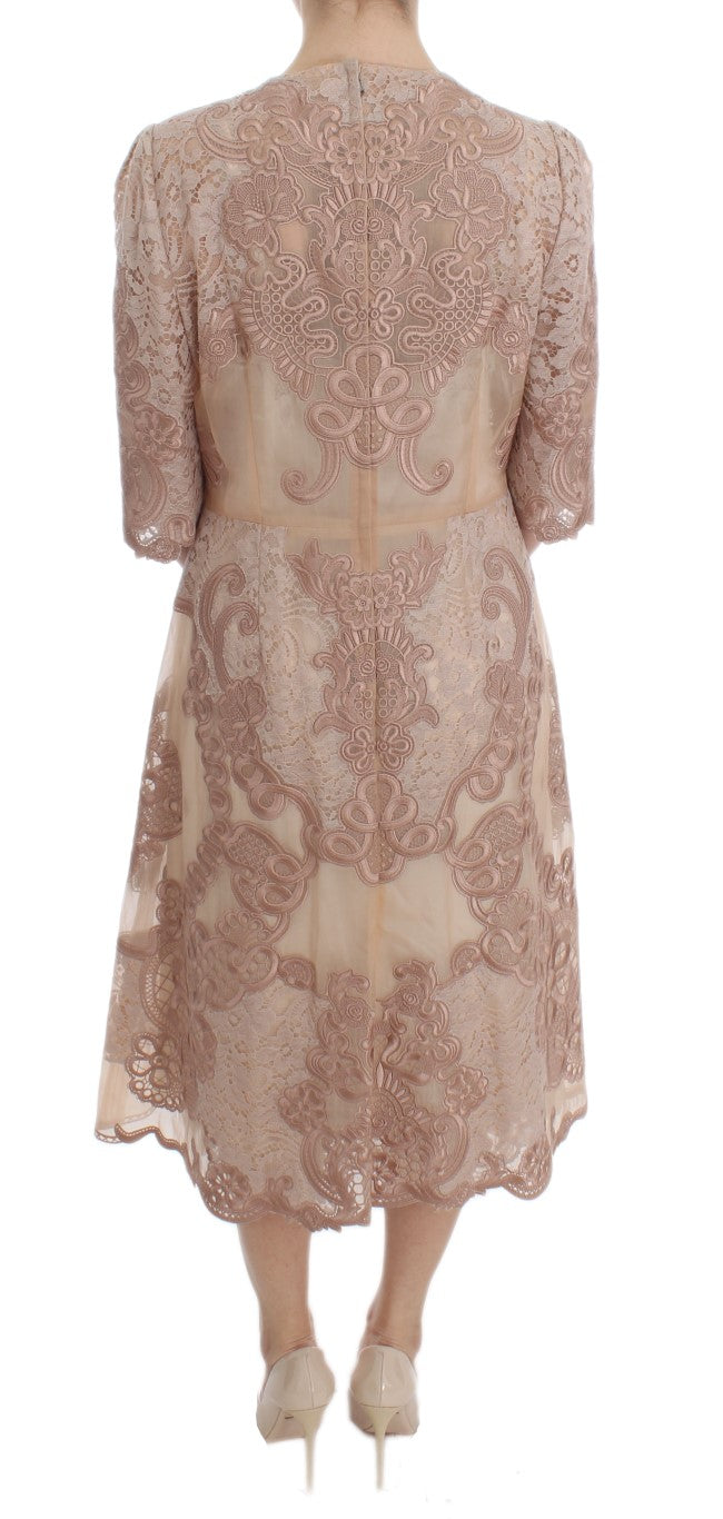 A long, pink silk lace ricamo shift gown dress with a backless design