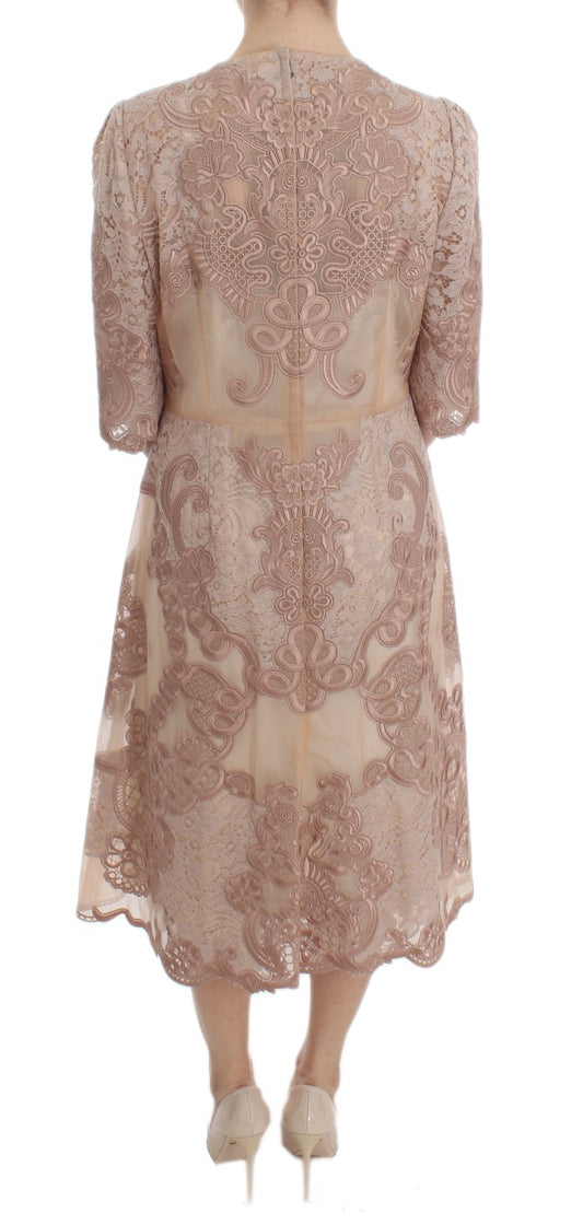 A long, pink silk lace ricamo shift gown dress with a backless design