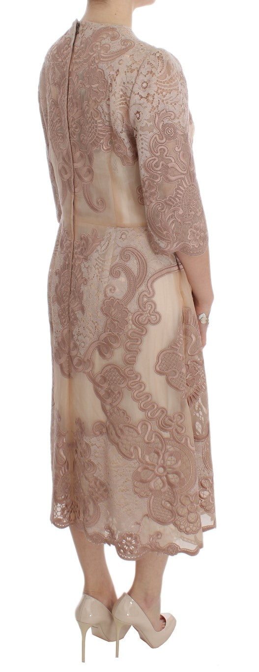 A long pink silk lace ricamo shift gown dress with a backless design