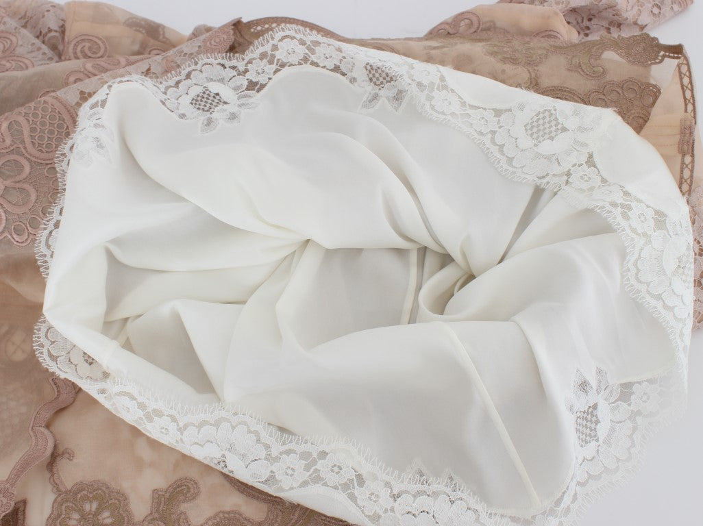 White lace detail on a pink silk dress
