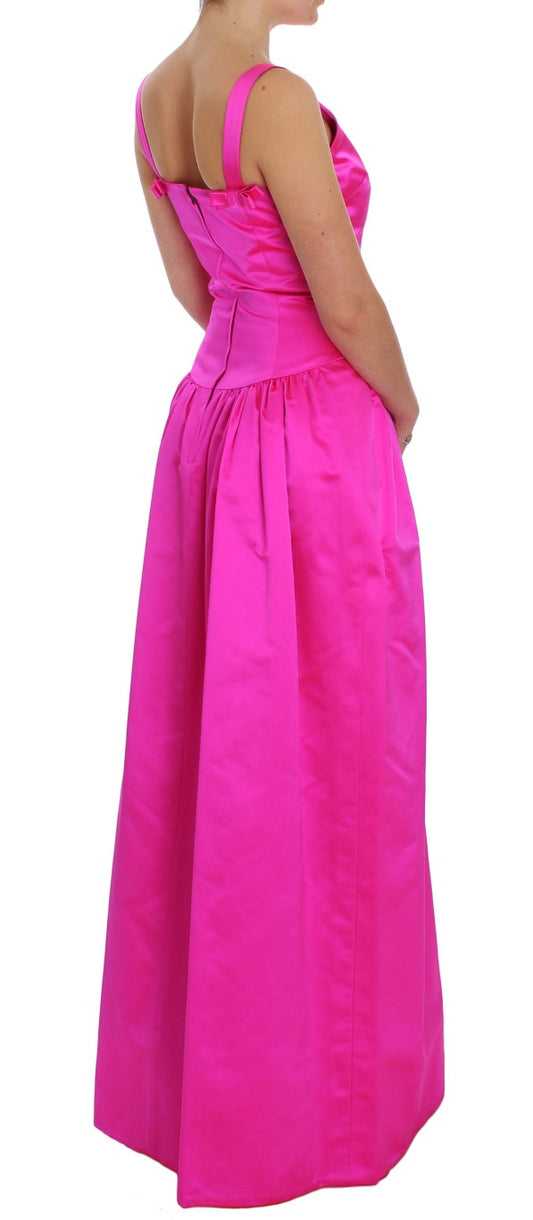 Pink formal dress with ruffles on sleeves and hem