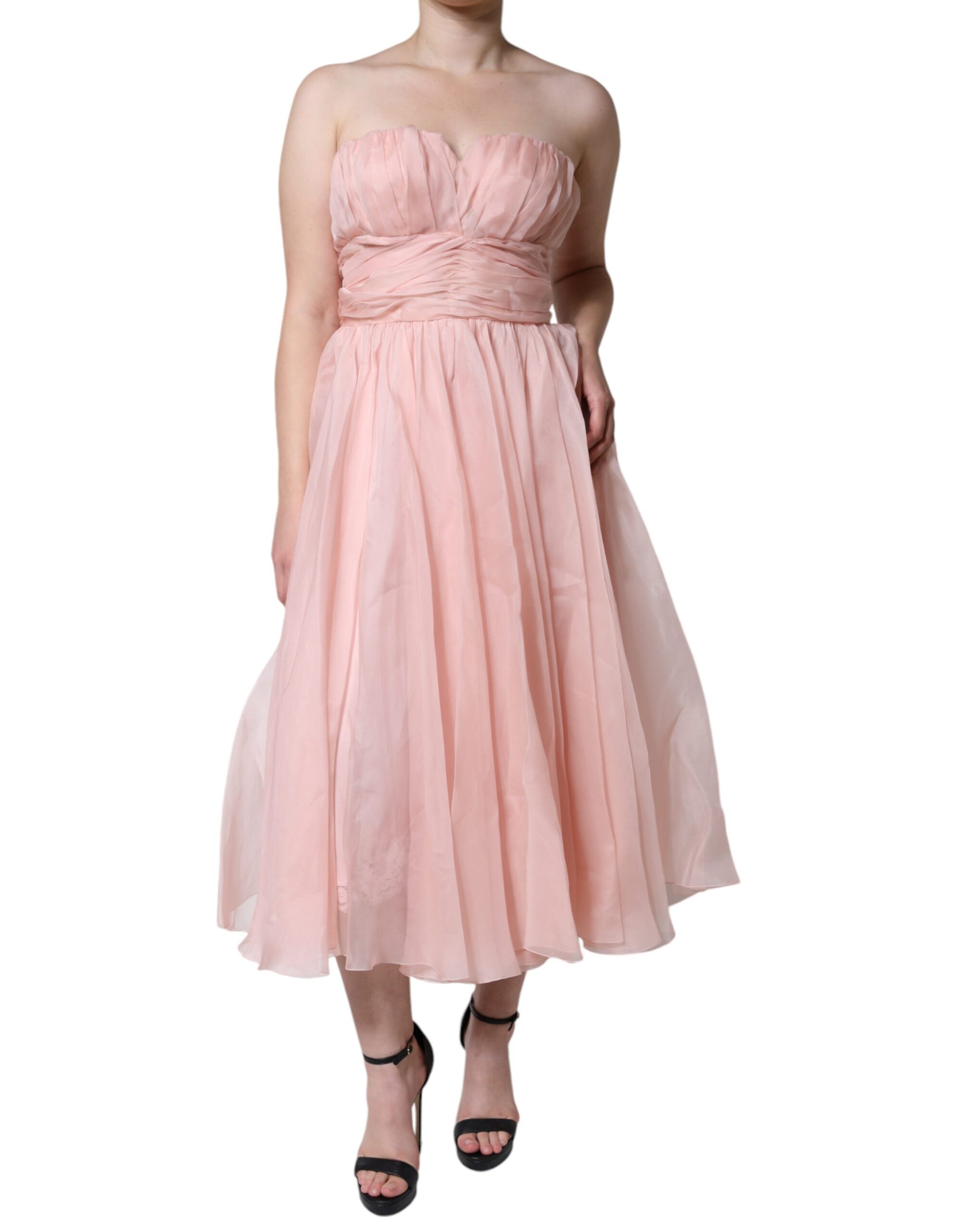 Pink strapless maxi dress with ruffled skirt