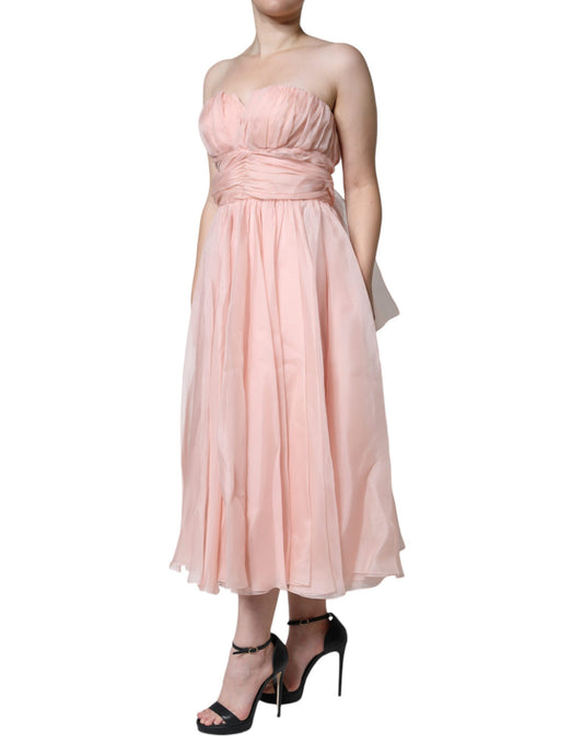Pink silk strapless maxi dress with ruffled hem