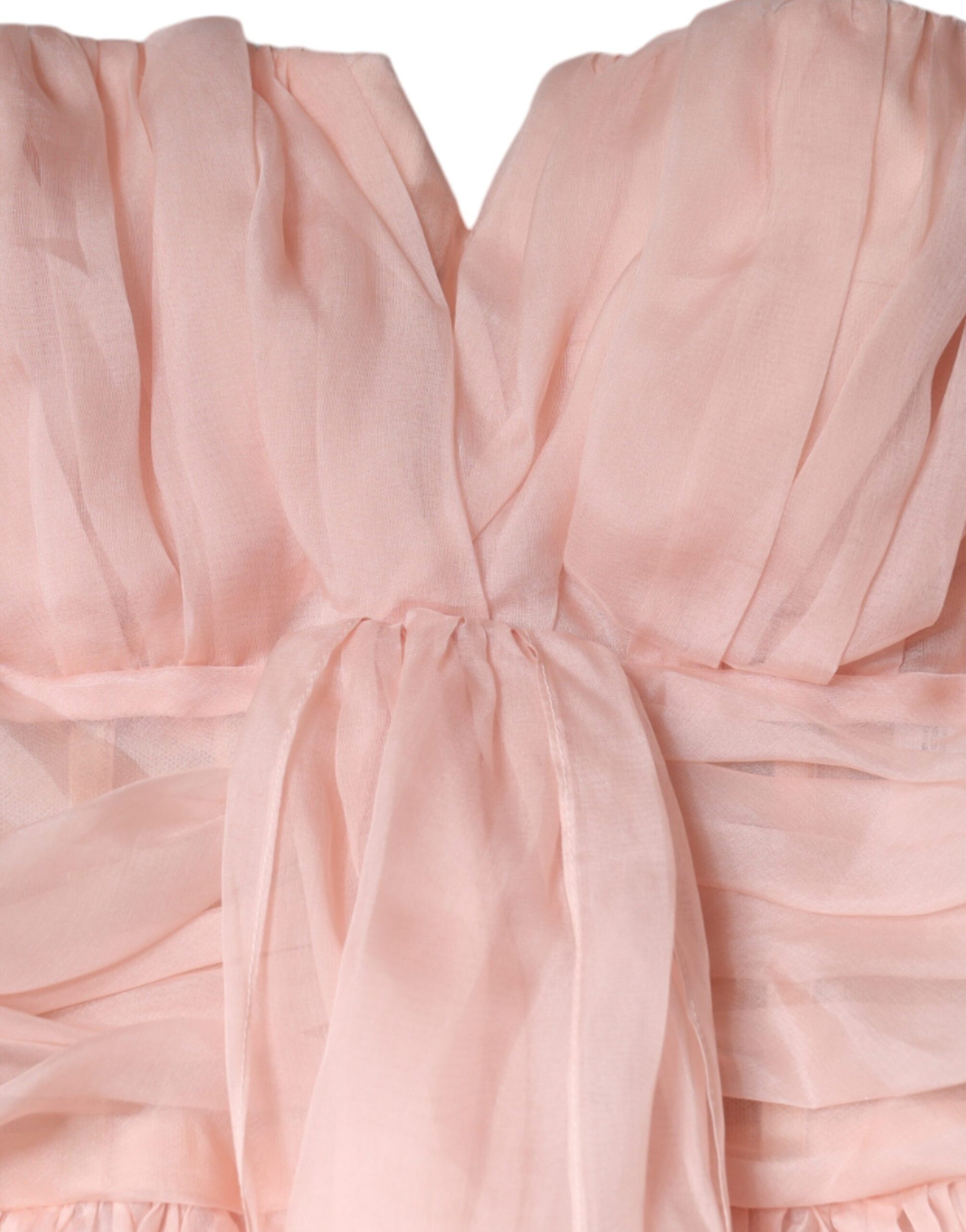 Pink silk strapless maxi dress with ruffled detailing