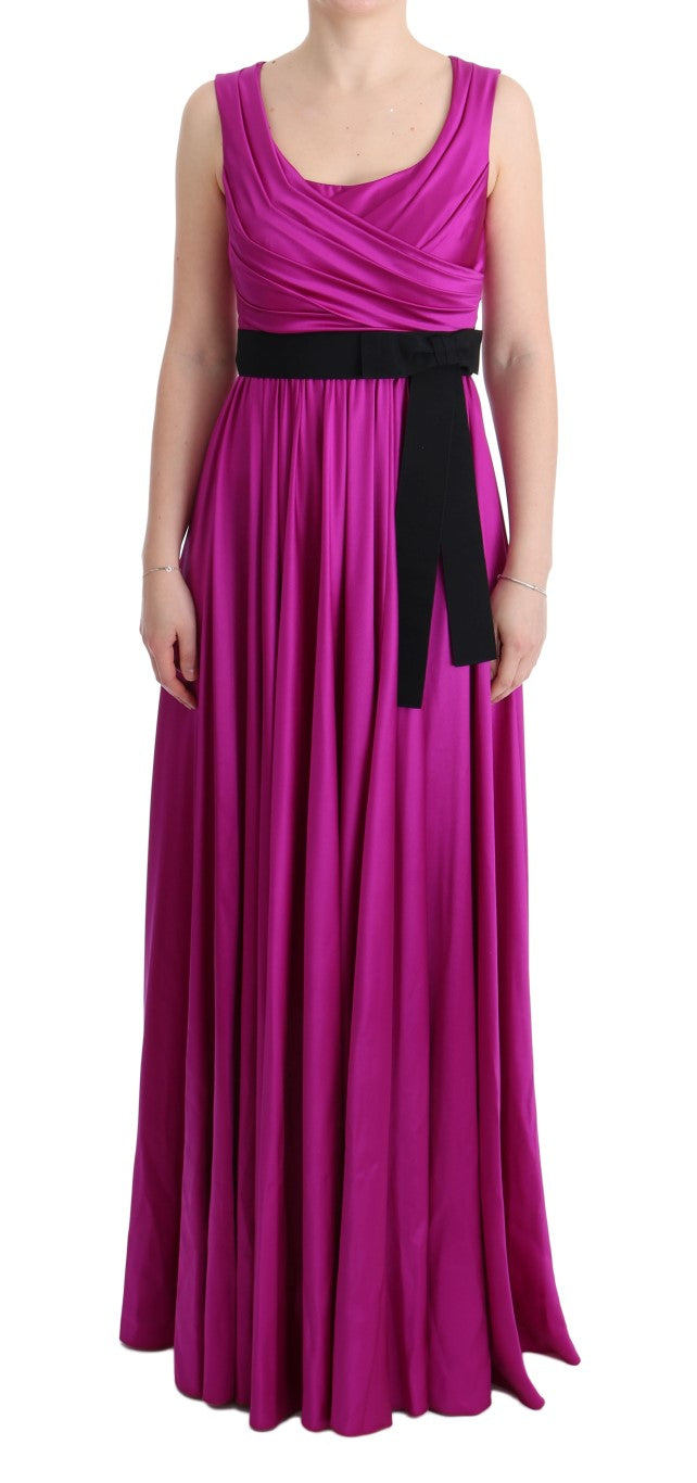 Long purple formal dress with ruffles on sleeves and hem