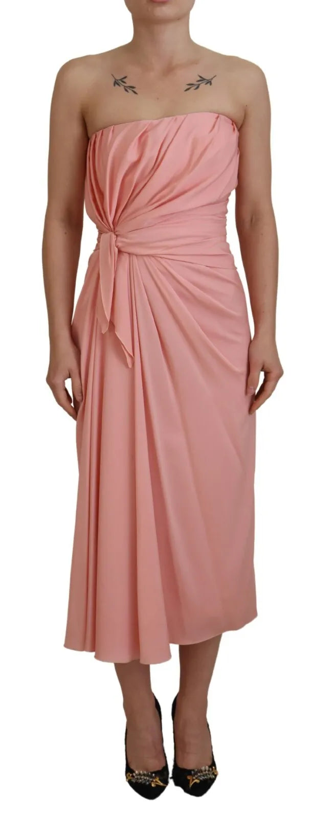 A pink strapless sheath dress with a stretchy silky fabric