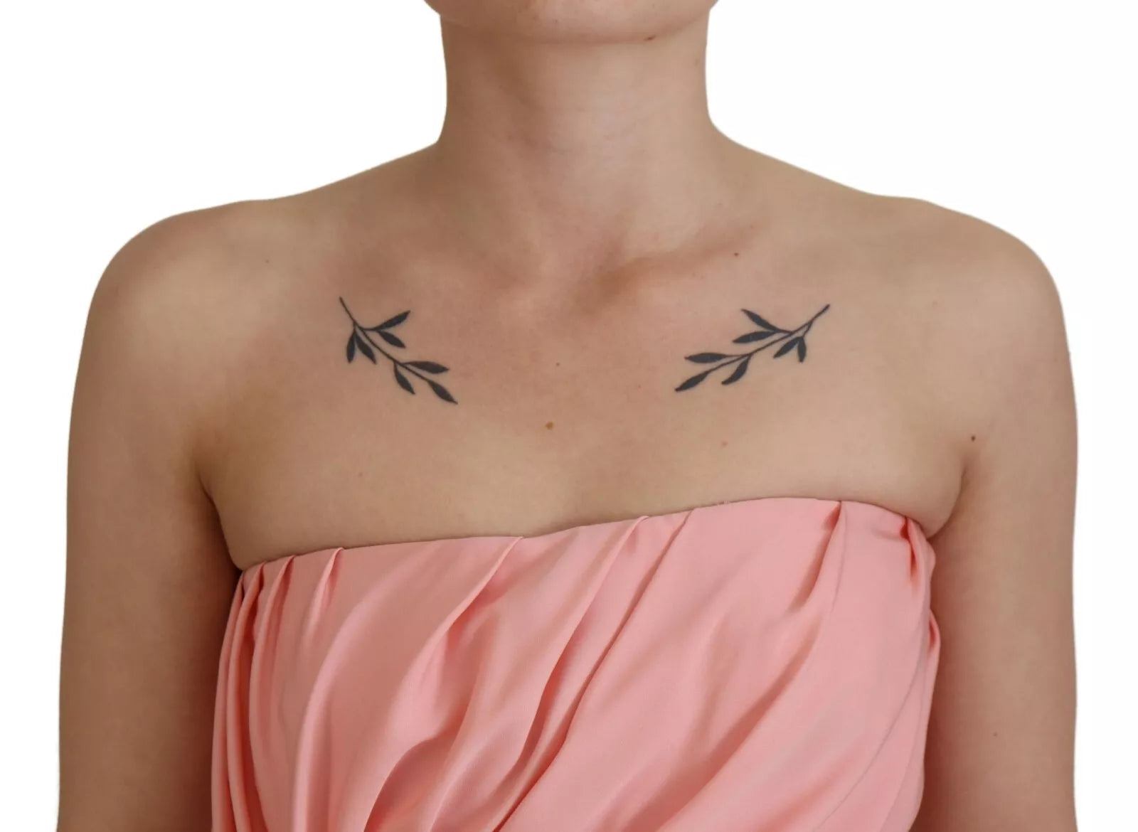 A pink silk strapless sheath midi dress with lace detailing