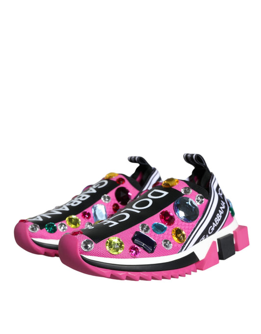 Pink sneakers with crystal embellishments and black laces
