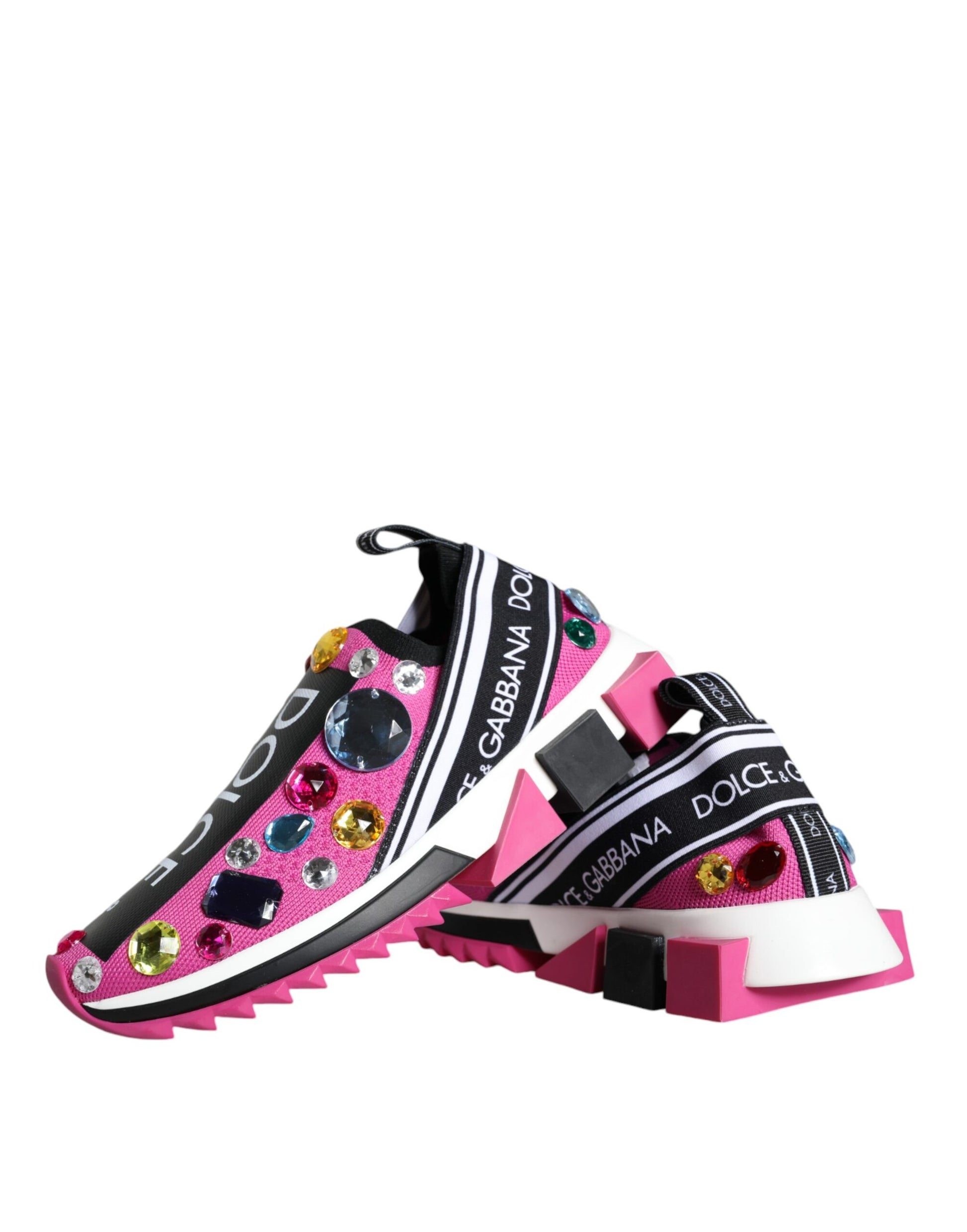Pair of pink and white sneakers with crystal embellishments