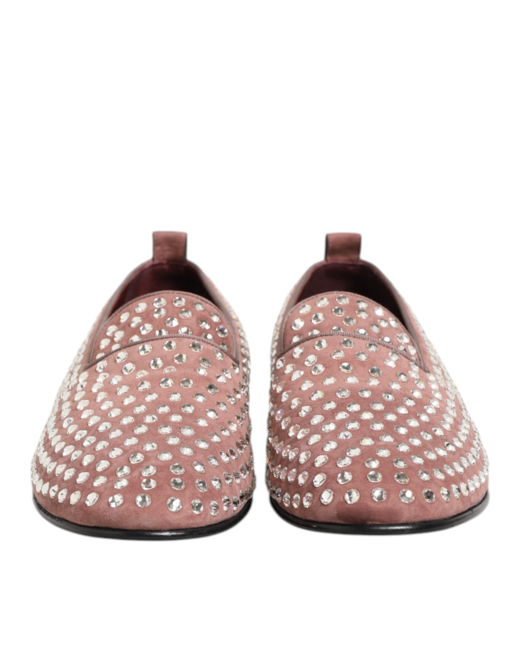A pair of men's dress shoes with pink suede and crystal embellishments