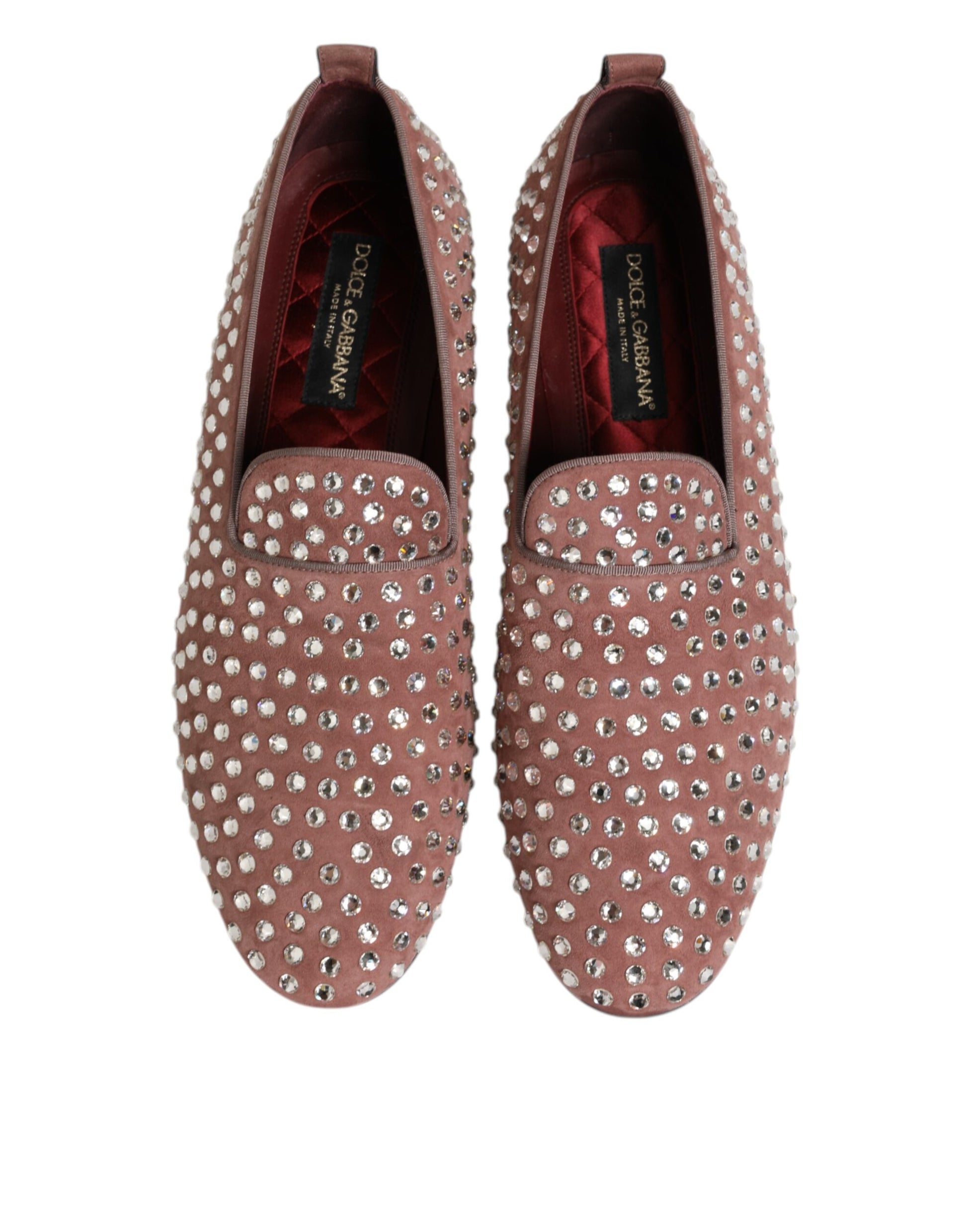 Red suede loafers with crystal embellishments, men's dress shoes