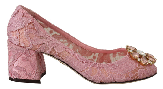 Pink lace high heel shoe with rhinestone accents
