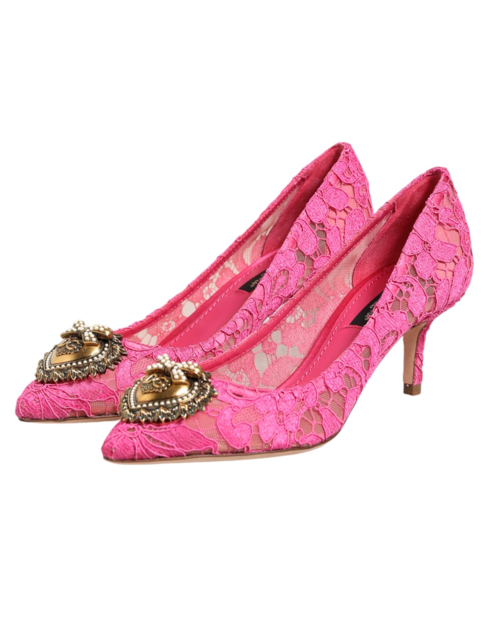 Pink high heel shoes with embroidery and rhinestones