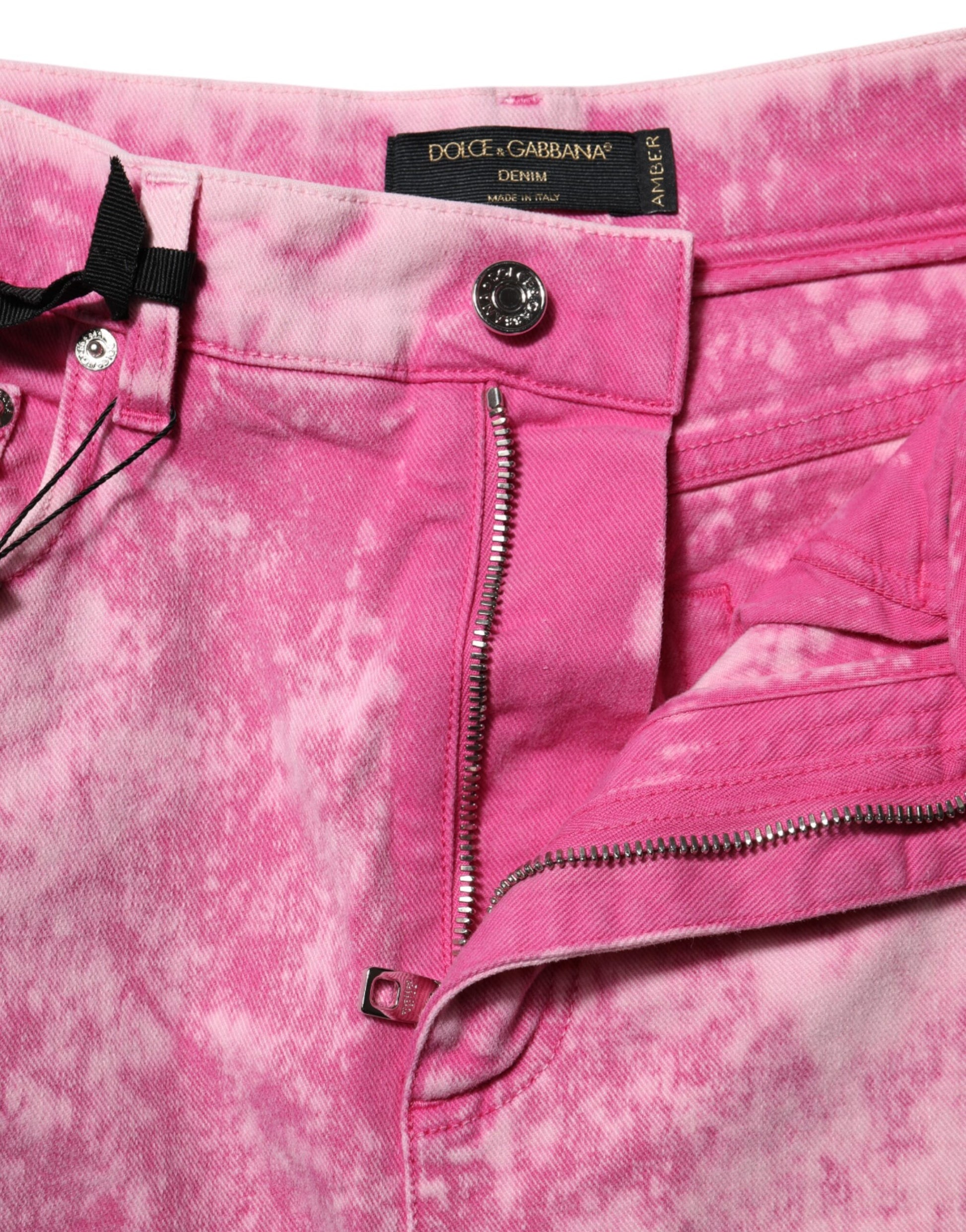 Pink jeans with zipper detail on front