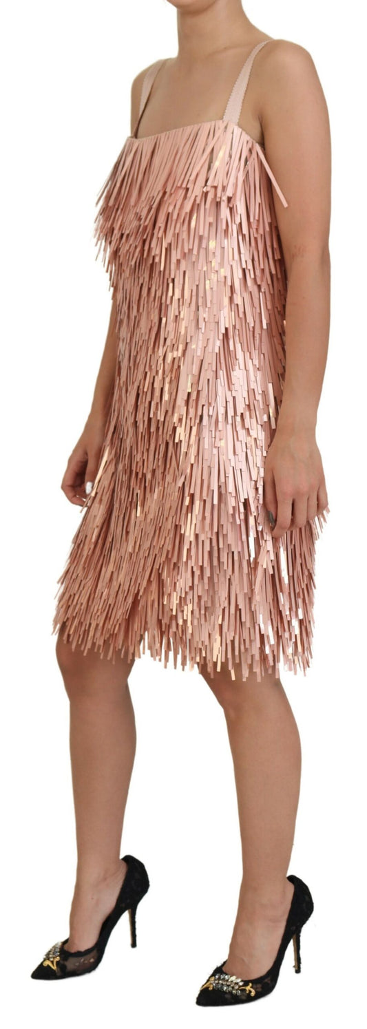 Pink tinsel sleeveless shift dress with ruffled hem