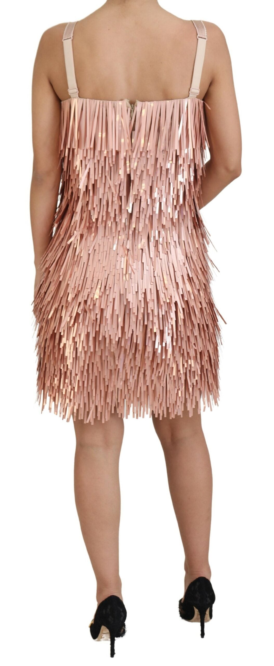 Pink tinsel sleeveless shift dress with ruffled hem