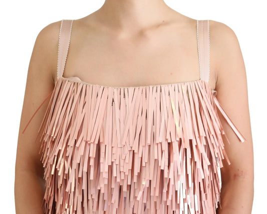 Pink tinsel sleeveless shift dress with ruffled hem