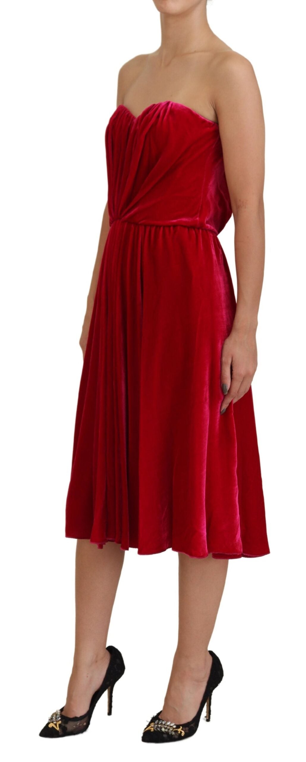 Red strapless dress with ruched detailing and pink viscose fabric