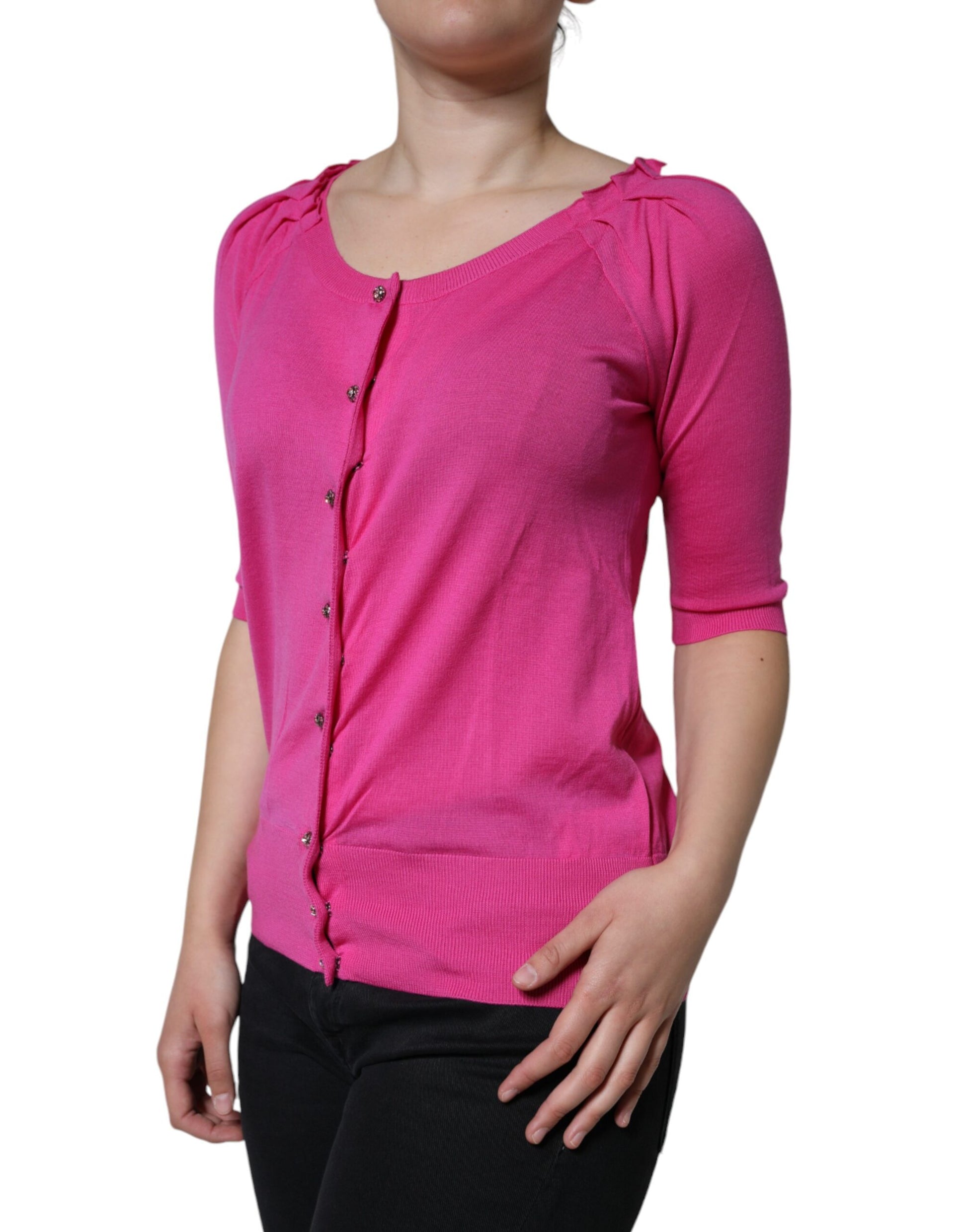 Woman wearing pink sweater