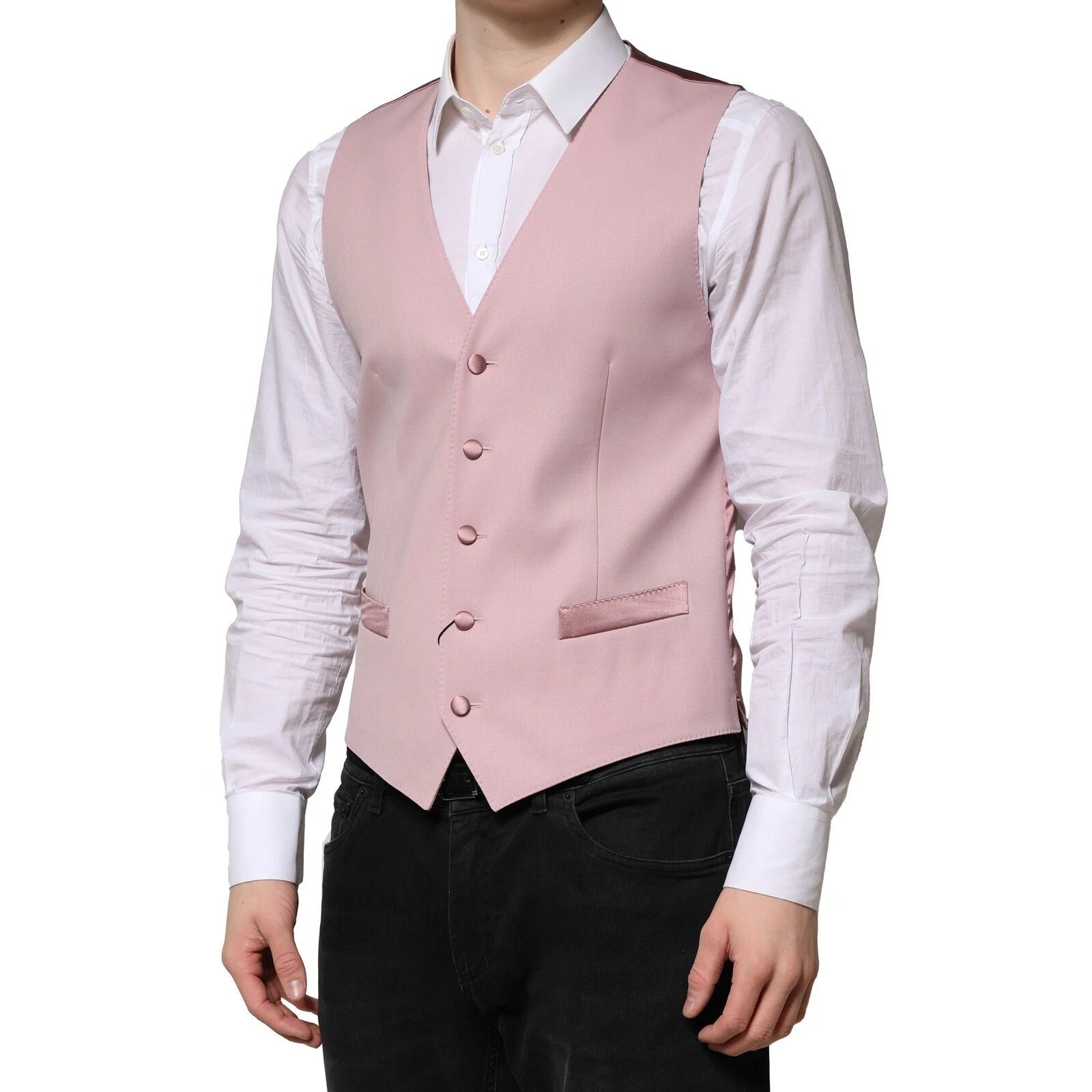 A pink wool vest with a waistcoat design, part of a formal men's suit