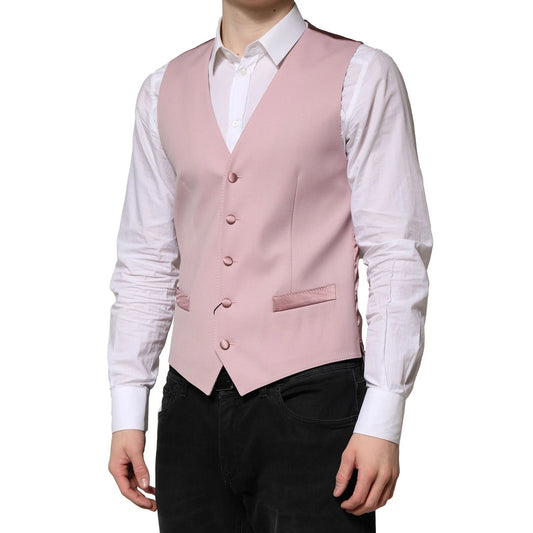 A pink wool vest with a waistcoat design, part of a formal men's suit