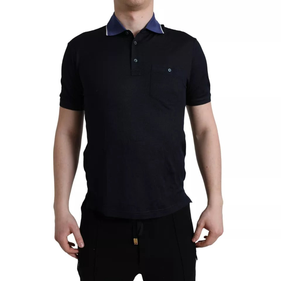 Man wearing dark polo shirt