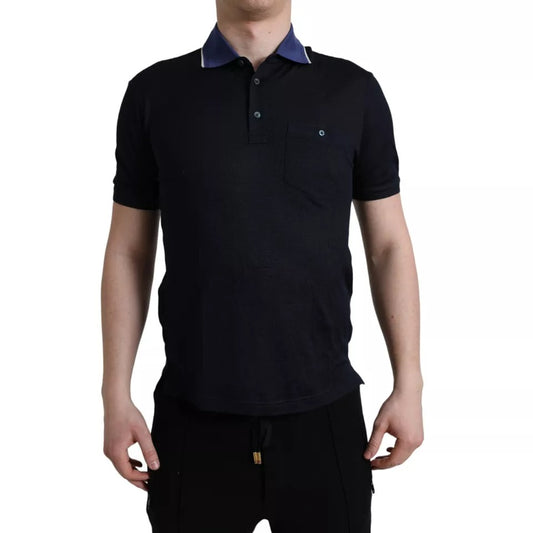 Man wearing dark polo shirt
