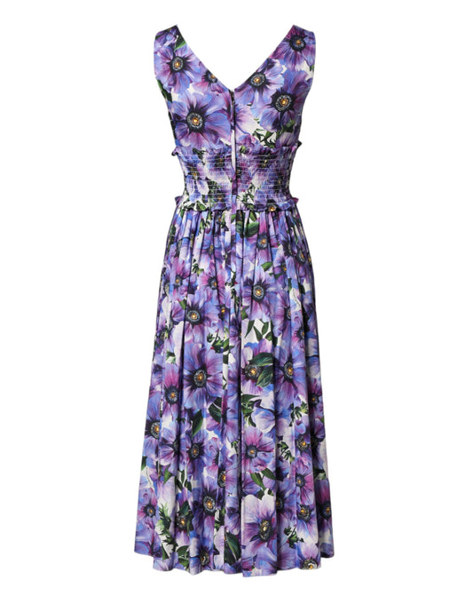 A purple floral print midi dress with pleats and a V-neckline