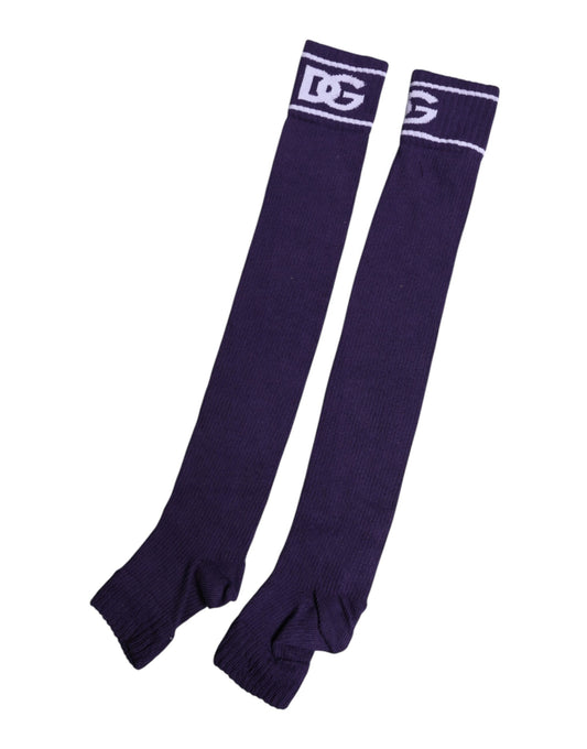 Pair of purple socks with white stripes on top