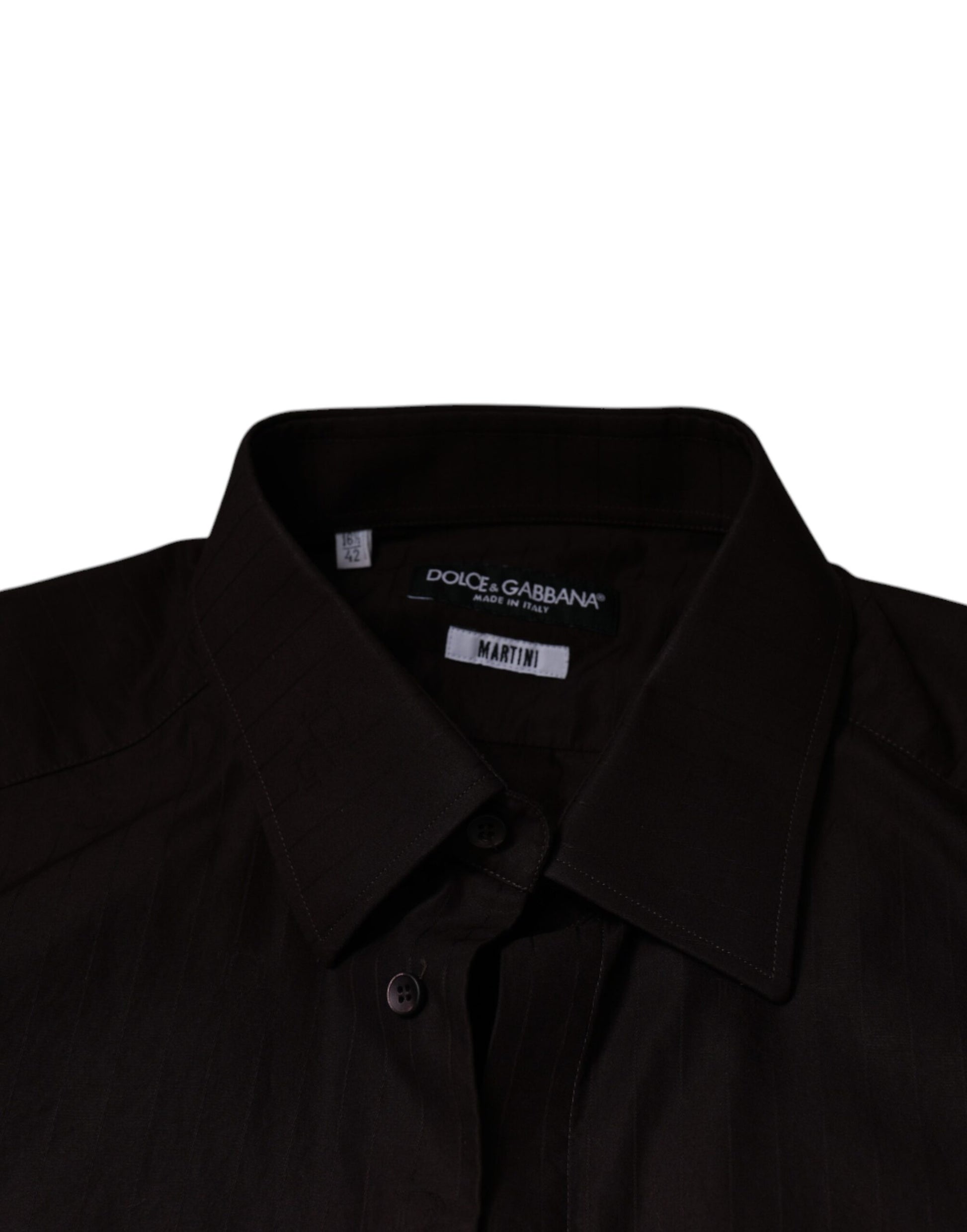 A black slim fit dress shirt with a purple collar and label