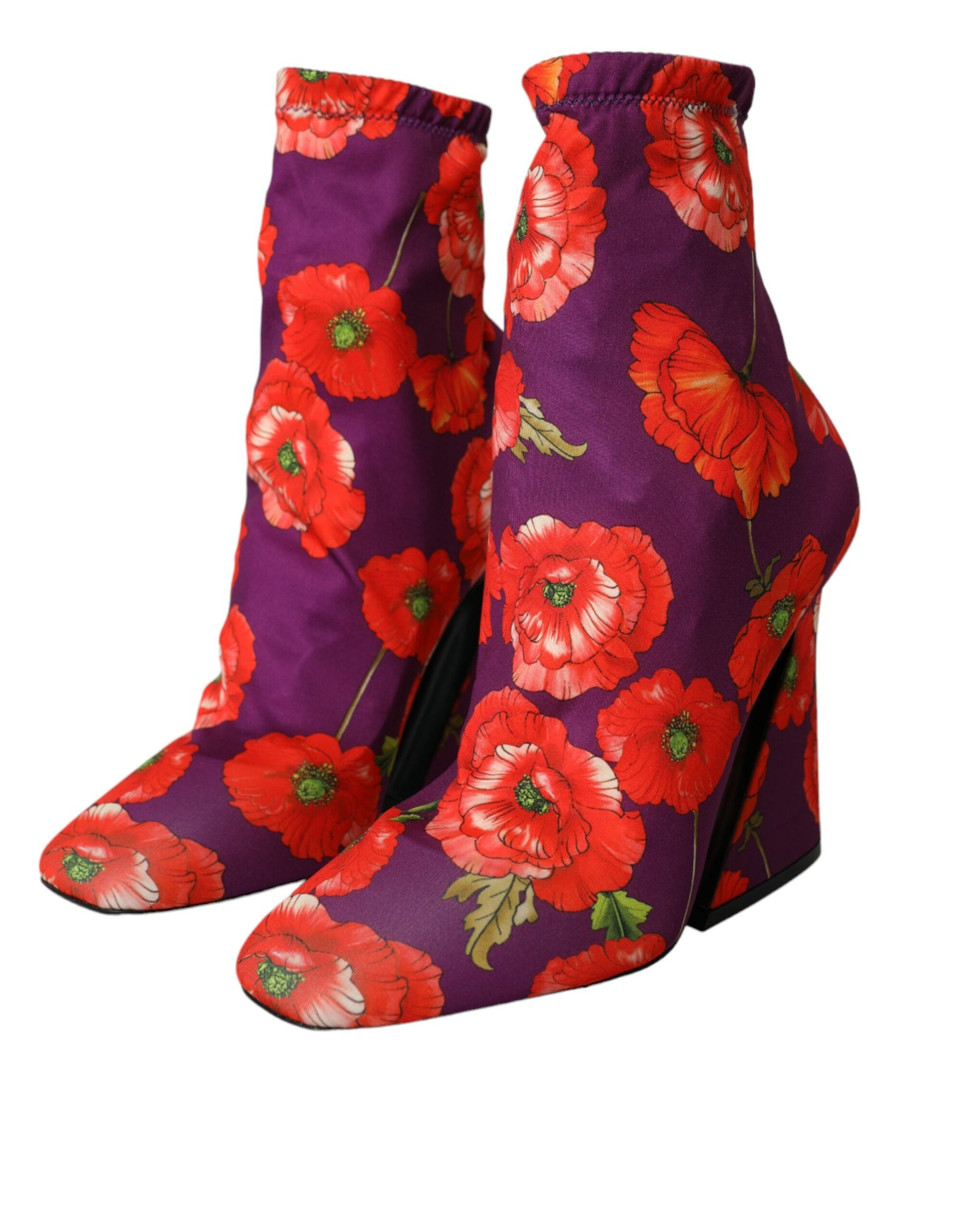 Pair of purple boots with red poppy flower print