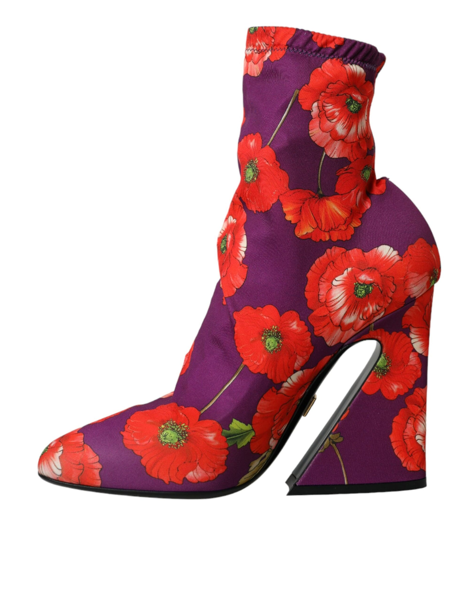 Purple suede boot with red poppy print and heel
